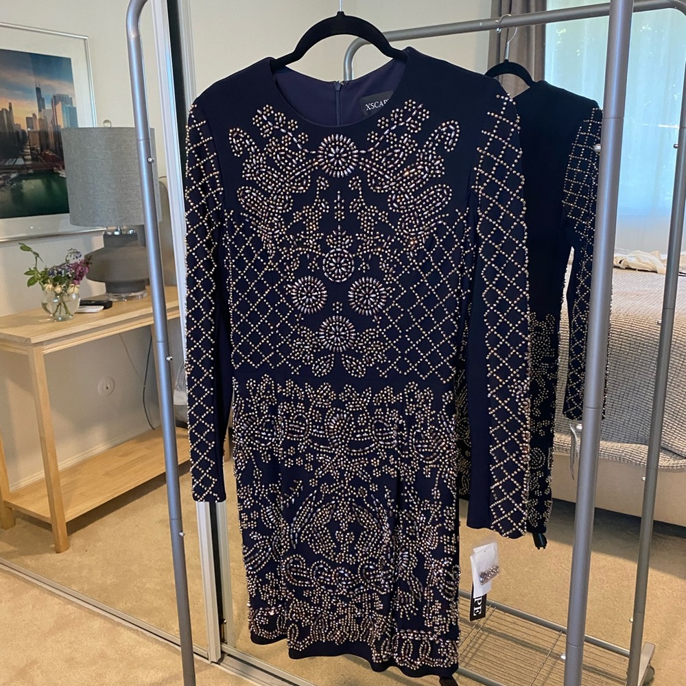 Xscape Long Sleeve Beaded Bodycon Mini Dress